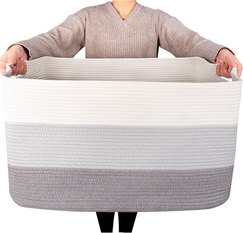 MINTWOOD Design Extra Large Blanket Basket Holder, Rectangle Rope Woven Storage Baskets with Handles, Light Gray
