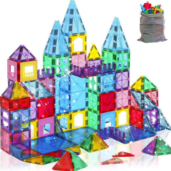 Upgraded Antibacterial Magnetic Tiles 124PCS, Including 4 Large Square Tiles, Magnetic Building