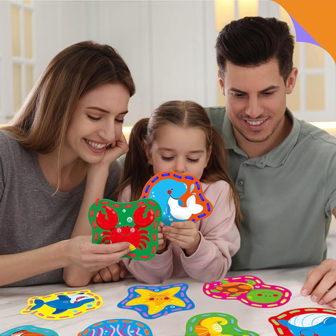 9 Pieces Kids Lacing Cards, Double Sided Sewing Cards with 9 Marine Animal Cards and Colorful Laces for Educational