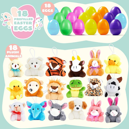 18 JOYIN Pcs Pre-Filled Easter Eggs with Plush Animal Toys, Egg Filled Keychain for Kids Hunt Goodie Bag Fillers Basket