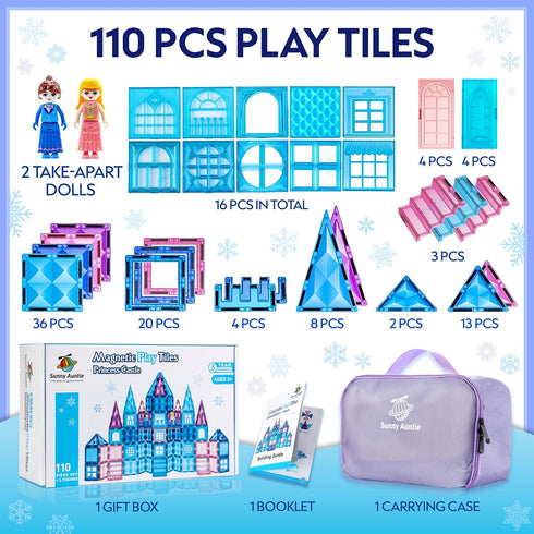 Frozen Magnetic Tiles 110 PCS, Princess Castle Magnetic Blocks, Birthday Gift Ideas for Girls with Carrying Case