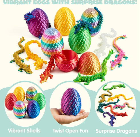 8Pcs 3D JOYIN Printed Dragon Eggs with Laster Color Dragon, Articulated Magic Toys, Easter Basket Stuffers for Kids