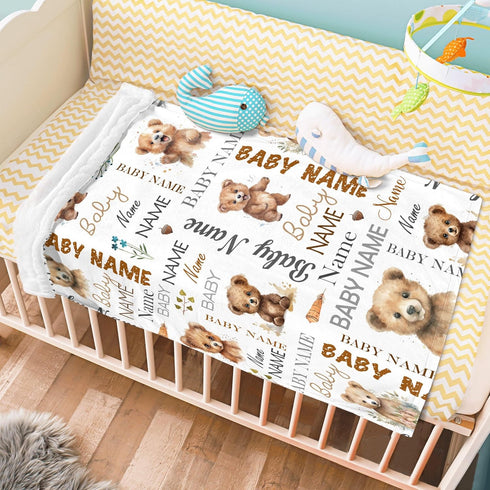 Novusopt Personalized Floral Bear Baby Blanket with Custom Name for Girls, Receiving Blanket for Newborn, Nursery Kids