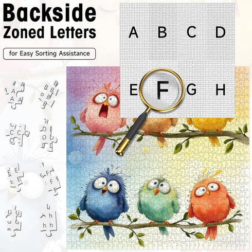 1000 6 22.8x22.8 Funny Birds Piece Puzzle for Adults, Puzzles with Letters on Back, Cute Cartoon Birds Pastel