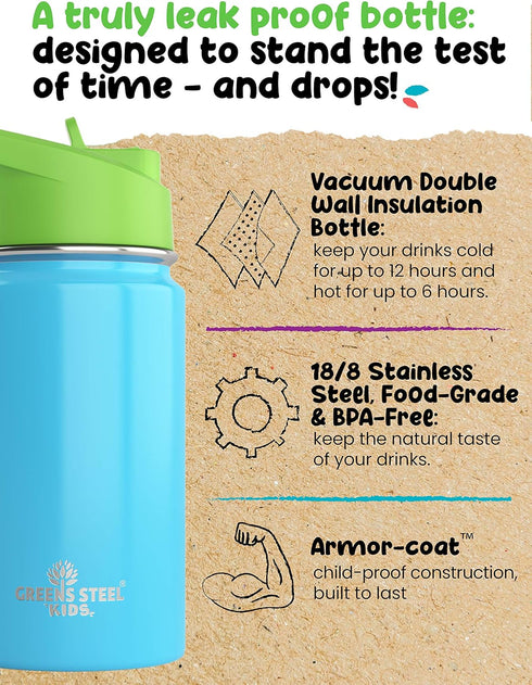 Kids Water Bottle 12oz Blue - Leak Proof with Straw & Handle, Insulated Double Wall Stainless Steel, Easy Sip Toddler