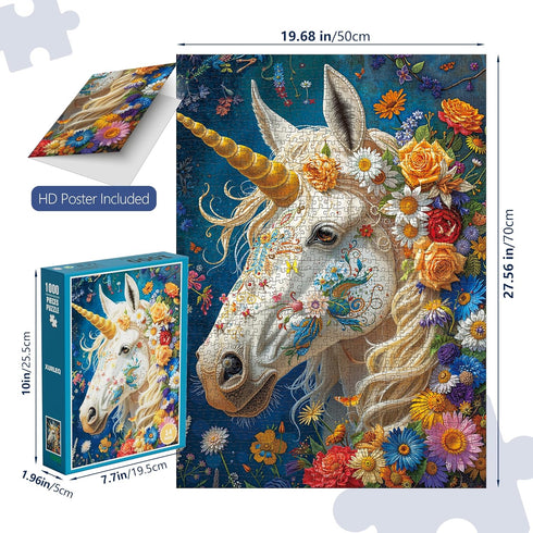1000-Piece 27.56 19.68 Inches, Divine Bloom Steed Jigsaw Puzzle for Adults Challenging Enchanted Unicorn with Flower