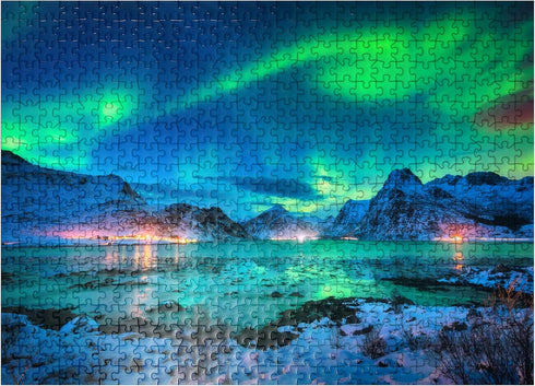 MyPuzzle 500 Piece Jigsaw Puzzle - Aurora Borealis Over Sea Coast, Northern Lights in Norway