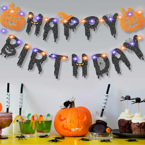 Halloween Happy Birthday Banner with Pumpkin Decorations, 8 Modes LED String Lights for 1st Kids Birthday Supplies