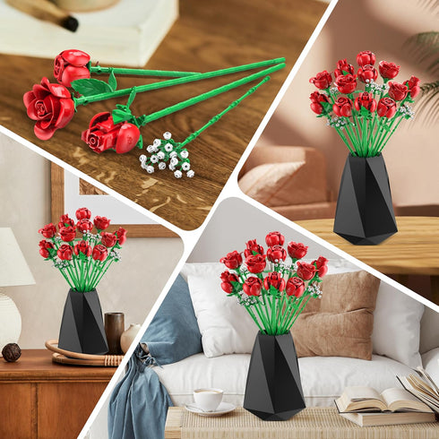 Set, 960PCS Sopu Red Rose Bouquet Building Roses Artificial Flowers Botanical Collection for Dinner Table Home Decor