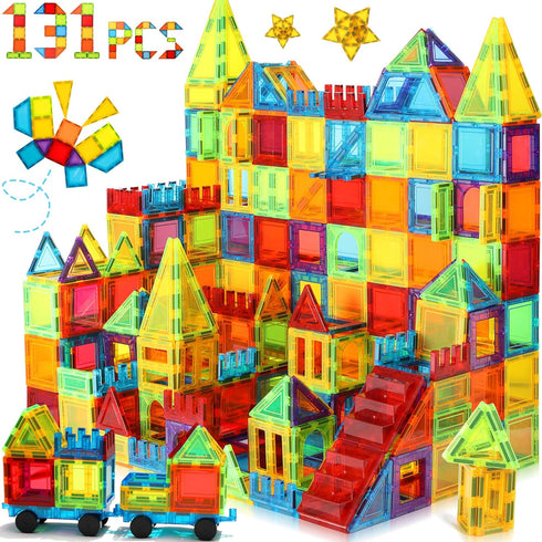 Magnetic Tiles for Kids Ages 3-5 131PCS Building Blocks with 2 Cars, Educational Magnets Toys