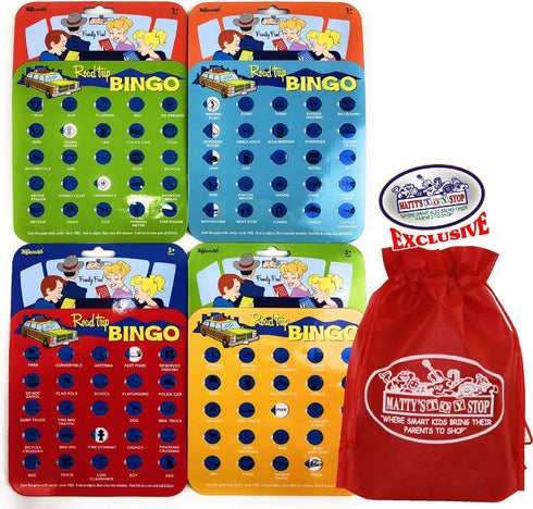 Toysmith Road Trip Bingo Cards Gift Set, Red, Blue, Green & Orange - 4 Pack with Bonus Storage Bag