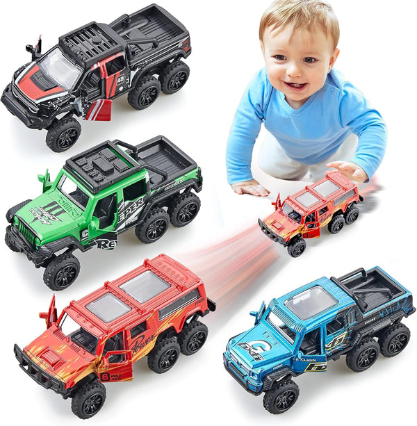 Diecast Toy Trucks 4 Pack, Pull Back Toy Cars with Openable Doors for Boys and Toddlers (Colorful)