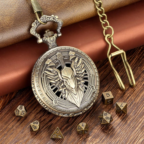 Mini DND Dice Set 7pcs Polyhedral Metal D&D Dice Steampunk Hollow Paladin Knight Warrior Pocket Watch Shell Case