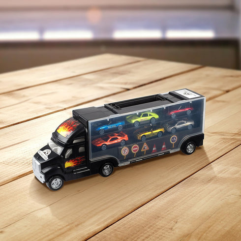 Big Mo's Toys Transport Car Carrier Truck, with 6 Stylish Metal Racing Cars & Carrying Case