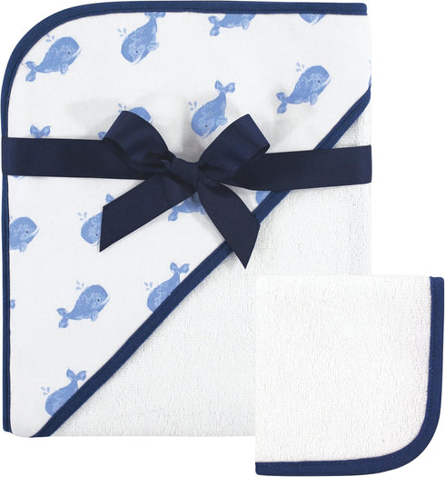 Hudson Baby Unisex Cotton Hooded Towel and Washcloth, Whale, One Size