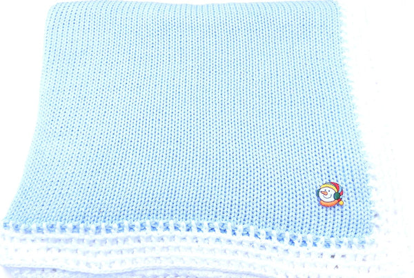 Sanjit Knitted Crochet Finished Blue Cotton White Trim Baby Blanket with Snowman