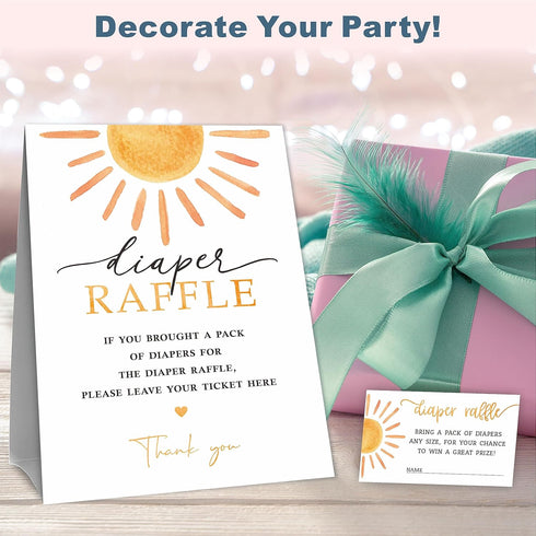 Shower(1 50 B13 Diaper Raffle Game Kit For Baby Standing Sign + Tickets) - Retro Sunshine Theme - Gender Reveal, Baby