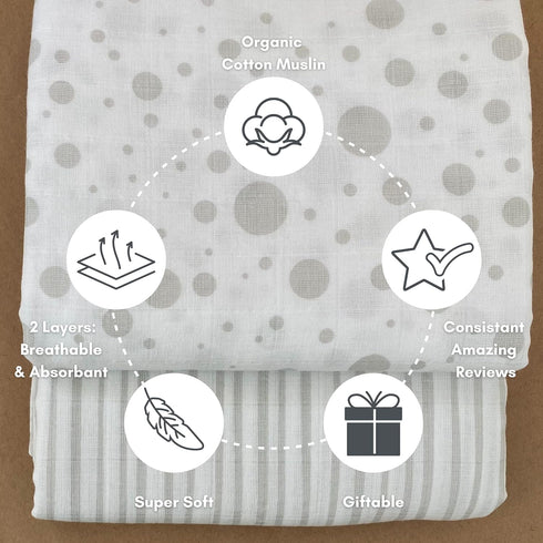 Organic Muslin Swaddle Blankets - 100% Soft Organic Cotton, Baby Girl and Boy Blankets, Ideal Registry Items - Stripes