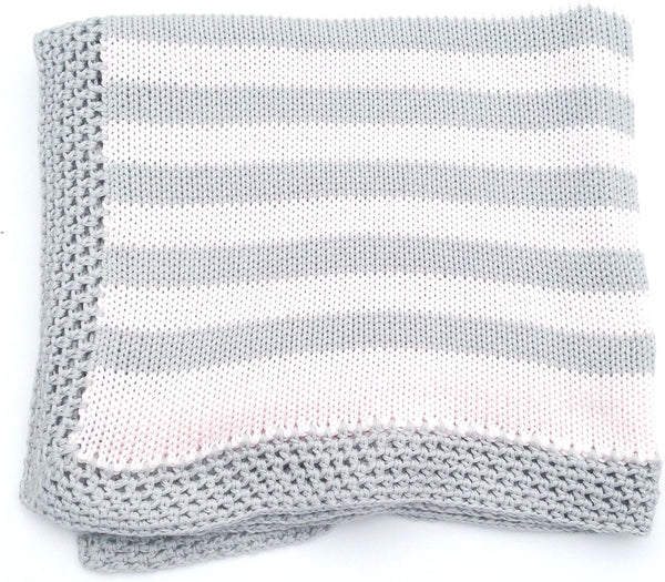 BUBU Knitted Hand Crochet Finished Light Pink Cotton Grey Stripes Baby Blanket