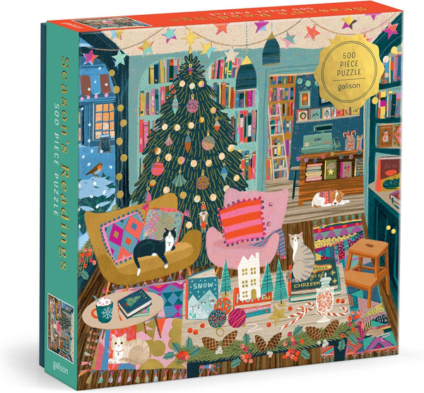 Galison 500 Piece Season's Reading Jigsaw Puzzle - Cozy Christmas Bookshop Scene with Gold Foil Accents