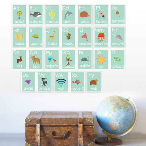 Spanish Alphabet Wall Cards 5x7, Blue Nature, Kid's Room Decor, Nursery Art, Gender Neutral