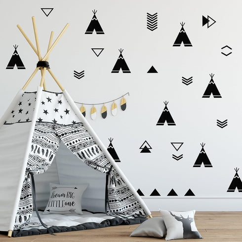 Tents Wall Decals Peel and Stick for Kids, Tribal TeePees Vinyl Stickers for Baby Bedroom Nursery Decor (Black)