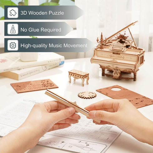 AMK81 3D 3D ROBOTIME Magic Piano Puzzles for Adults-Mechanical Puzzles Musical Instrument-Wooden Music Box Puzzle Kit