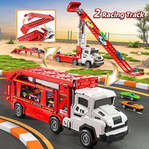 Novaluki 12 3-5, 3 4 5 6 7 8 Truck Toys for Kids, Transport Vehicle with Die-Cast Car, Double Race Car Track Cars Ramp