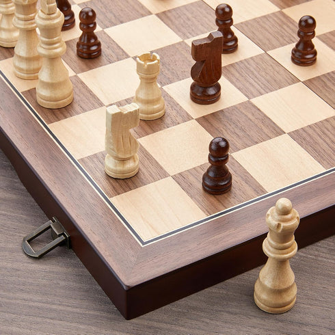 15'' Set Package, Set AMEROUS Magnetic Wooden Chess for Adults Kids - with Folding Board, Gift Pieces Storage Slots