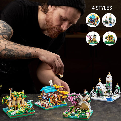 Four Seasons Cherry Blossom Micro Building Blocks Mini Sets, 4 Kits Tree House Flowers & Plants for Adults and Kids