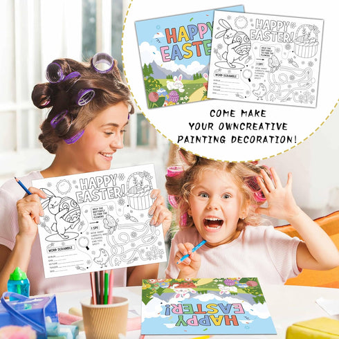 '-18 KFNER Happy Easter Coloring Paper Placemats, Spring Coloring Sheets, Easter Party Activities for Kids, Easter Bunny