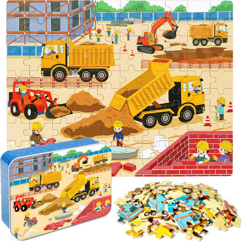 LELEMON 100 Pieces Jigsaw Puzzles - Metal Box for Kids Age 4-8, Construction Site Vehicles Educational Toys