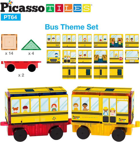 64pc Set 3-in-1 3+ PT64 PicassoTiles Magnetic Tiles Building Blocks STEM Toy for Kids Rocket Train School Bus Theme