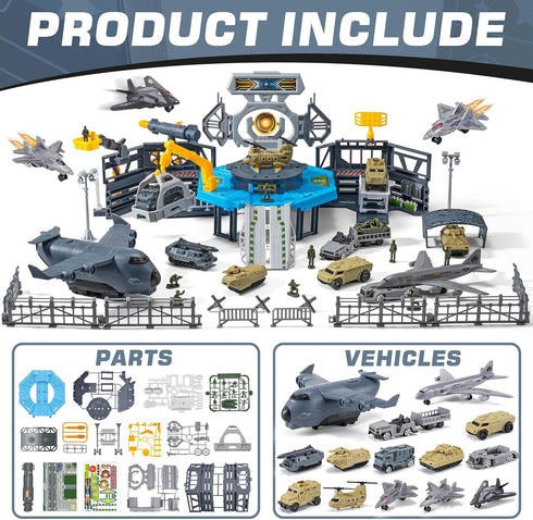Set 14 Military Airplane Toy, Army Toys Military Base with Vehicles Plane Tank Trucks Helicopter Fighter Jet, Airport
