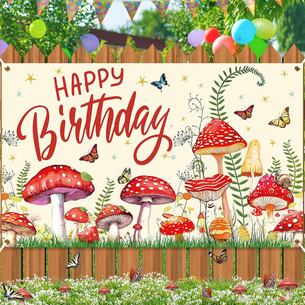 Mushroom Birthday Party Decorations, Mushroom Birthday Banner Backdrop Wildflower Party Banner Photo