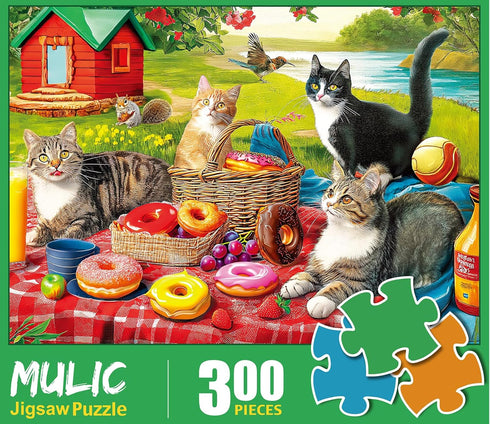 300-Piece Charming Jigsaw Puzzle Featuring Picnic Kittens and Donuts - Perfect for All Ages