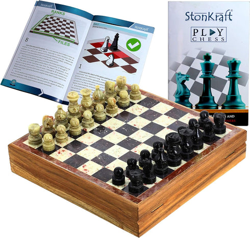 StonKraft 8" X 8" Chess Board with Wooden Base & Stone Inlaid Game Set