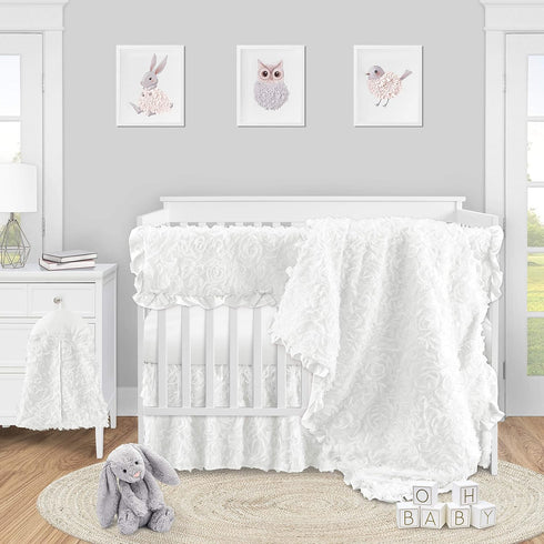 Sweet Jojo Designs White Floral Rose Girl Baby Nursery Crib Bed Skirt Dust Ruffle - Solid Flower Luxurious Elegant
