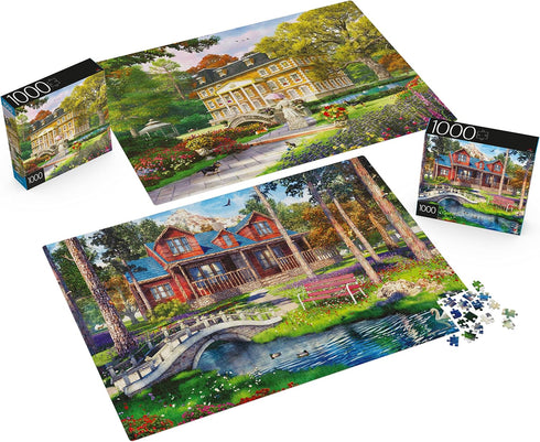 2-Pack of 1000-Piece Jigsaw Puzzles, Pine Cabin & Summer Estate for Adults and Kids Ages 8+