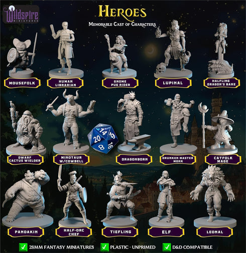 Hero, Player-Character, NPC DND Miniatures, 28mm-32mm Unpainted D&D Minis for Tabletop Fantasy Games