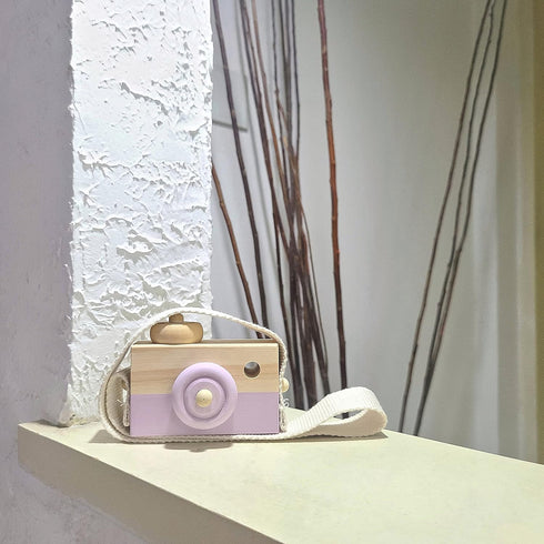 Baby Toy Wooden Mini Camera - Cute Neck Hanging Photographed Props for Kids' Room Decor, Purple