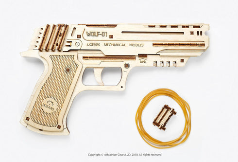 Wolf-01 3D Set UGEARS Handgun Wooden Puzzles for Adults - Wooden Model Kits for Adults Rubber Space Band Handguns