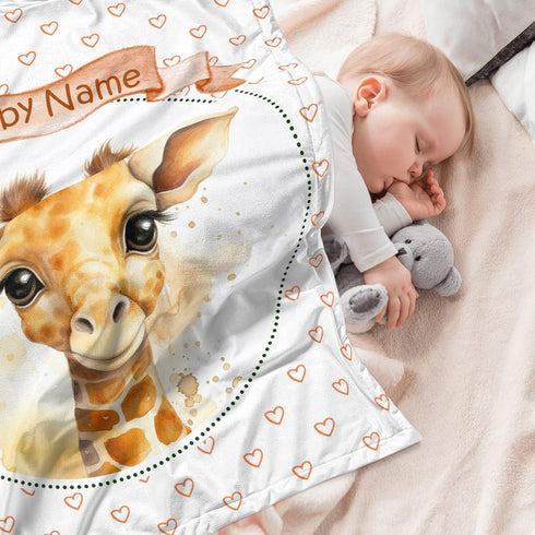 Novusopt Custom Giraffe Baby Blanket with Name Soft Plush Fleece Receiving Blanket for Boys and Girls, Unisex Orange