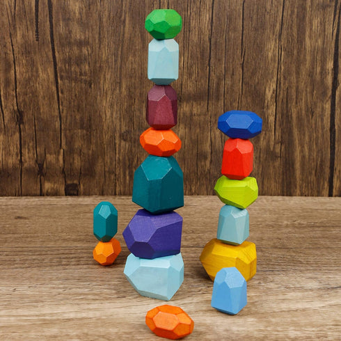 16 Pcs Colored Wooden Stacking Blocks, Solid Wood Rocks Building Toys for Kids Toddlers Educational Games