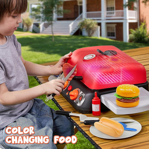 Kids BBQ Grill Playset, Kitchen Toy Set with Pretend Smoke, Light, Sound & Color-Changing Food for Boys & Girls