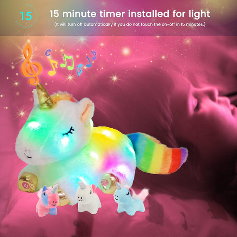 Hopearl LED Musical Unicorn Playset, Singing Plush Toy with 3 Baby Unicorns, Adjustable Volume, Gifts for Kids