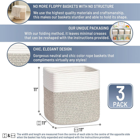NaturalCozy 11 Inch 3-Pack Closet, Storage Cubes Cotton Rope Woven Baskets for Organizing, | Cube Bin Square Shelves