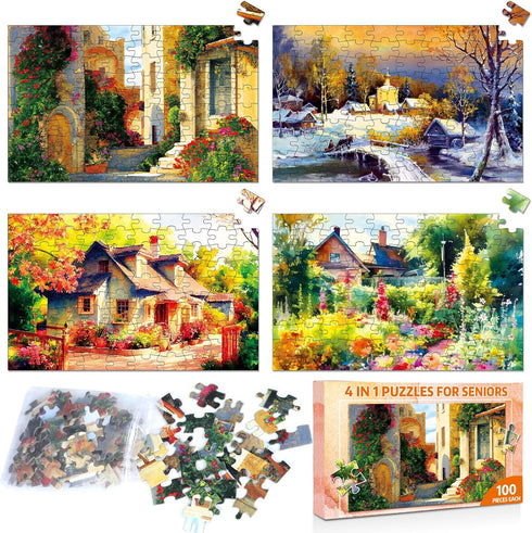 ZOiiWA 4 Pack 100 Pcs Dementia Puzzles for Elderly - Country Life Activities for Seniors, Alzheimer’s Memory Cognitive