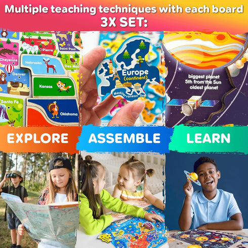 QUOKKA Wooden Puzzles for Kids Ages 4-6, 3 Educational Toddler Puzzles, USA, World, Space Maps, Gift for Boys and Girls