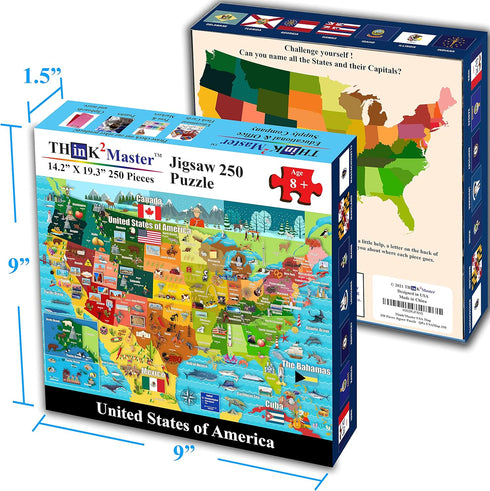 Think2Master United States Map 250 Pieces Jigsaw Puzzle - Fun Educational Toy for Kids, Great Gift for Ages 8+